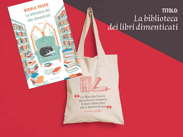 Immagine con titolo e cover del libro e borsa Kafka