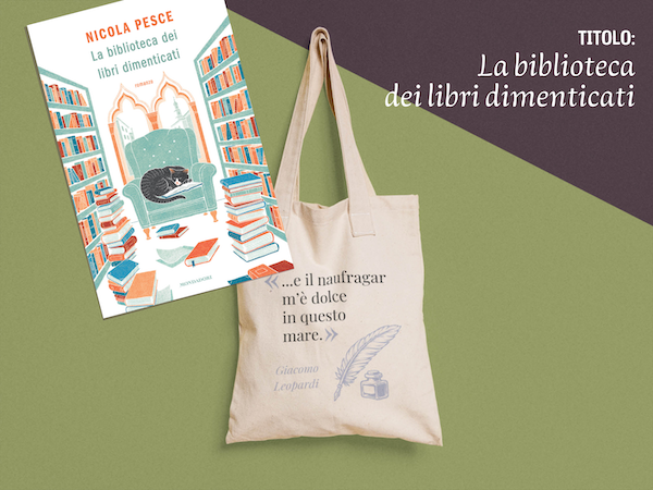 Immagine con titolo e cover del libro e borsa Leopardi